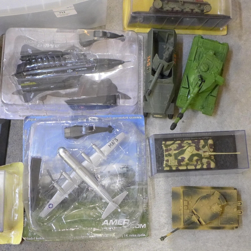 712 - Two boxes of die-cast military aircraft and vehicles, boxed and loose