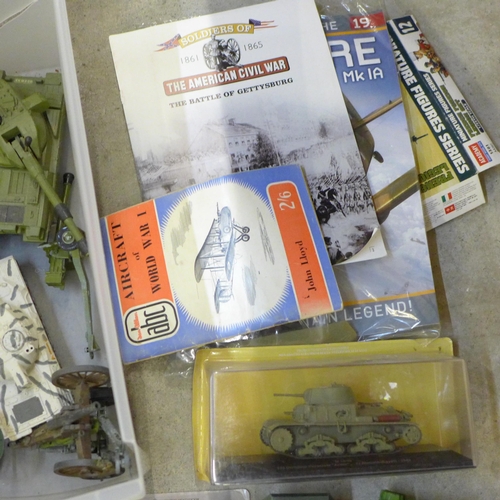 712 - Two boxes of die-cast military aircraft and vehicles, boxed and loose