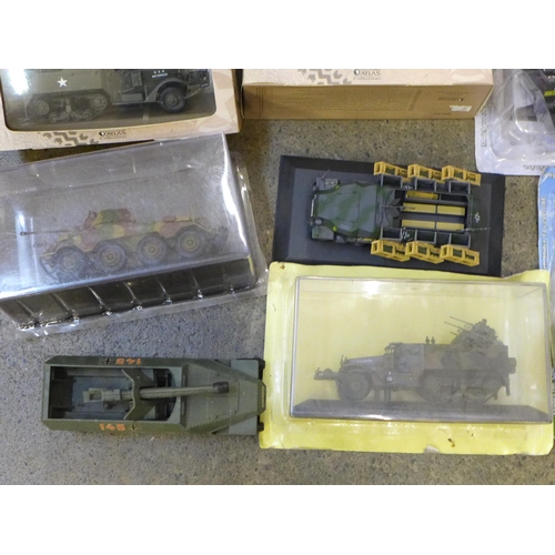 712 - Two boxes of die-cast military aircraft and vehicles, boxed and loose