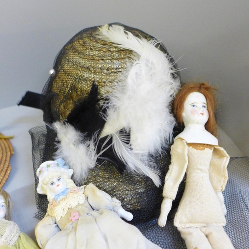 741 - A collection of 19th and early 20th century bisque head dolls together with doll accessories, hats a... 