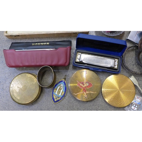 742 - Two Hohner harmonicas, cigarette cases, lighters, Seiko wristwatch, badges, manicure set, silver bru... 