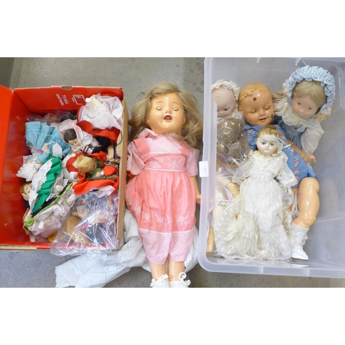 743 - Six dolls including a Shirley Temple doll, a/f, and others, all vintage, together with a box of worl... 