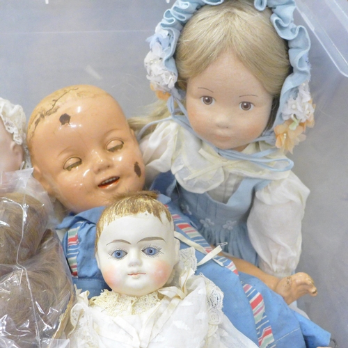 743 - Six dolls including a Shirley Temple doll, a/f, and others, all vintage, together with a box of worl... 