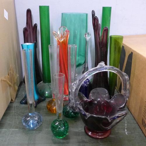 760 - Two boxes of coloured glass vases, oversized goblet, etc., seventeen items in total