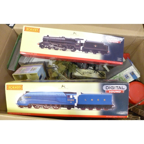 765 - A box with Hornby and other model rail, die-cast model vehicles, including R2895XS BR Black S 45377,... 