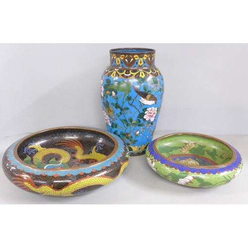 775 - Two cloisonne bowls and a vase, vase 24cm