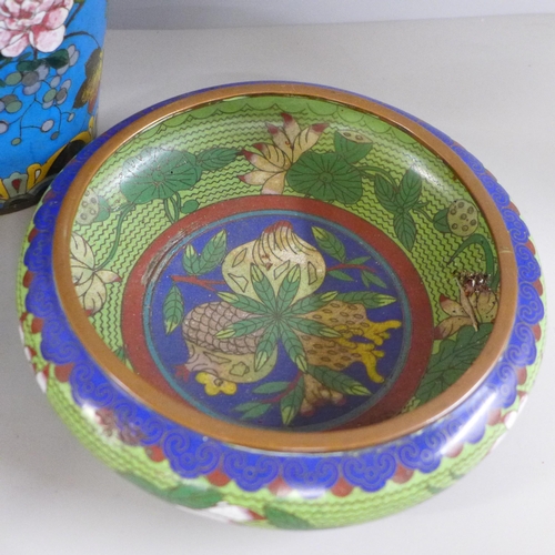 775 - Two cloisonne bowls and a vase, vase 24cm