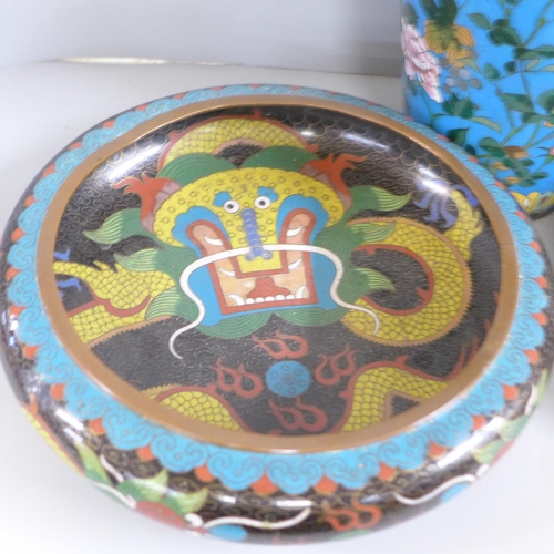 775 - Two cloisonne bowls and a vase, vase 24cm