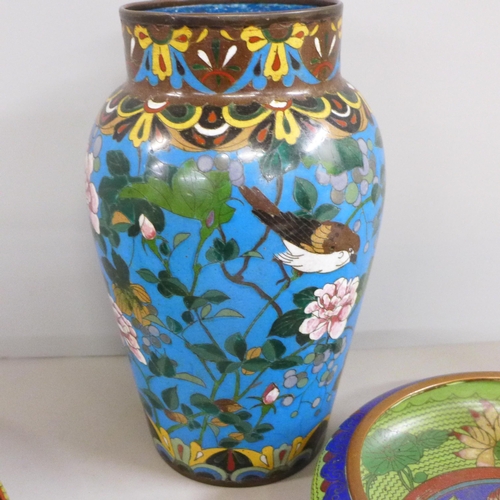 775 - Two cloisonne bowls and a vase, vase 24cm