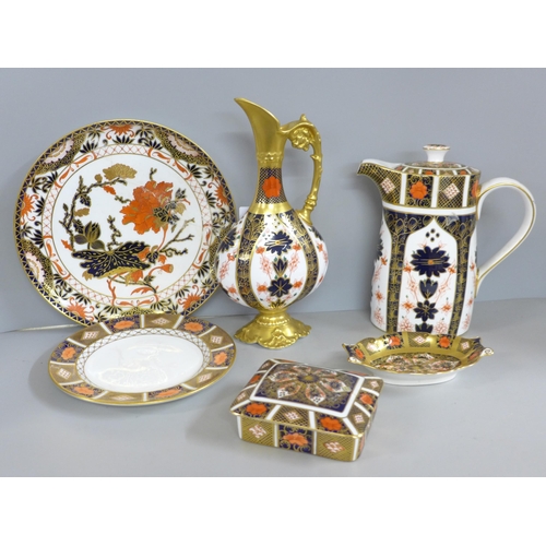 776 - Six items of Royal Crown Derby Imari porcelain, four pieces a/f - pin dish and tea plate in order