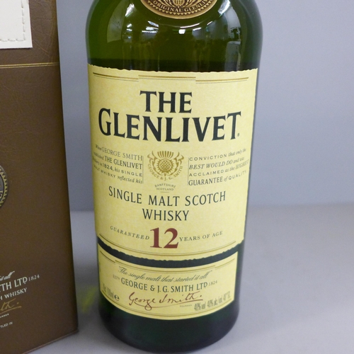 781 - A bottle of The Glenlivet single malt scotch whisky, 12 Years in a leather style box