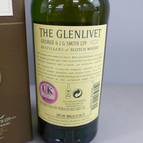 781 - A bottle of The Glenlivet single malt scotch whisky, 12 Years in a leather style box