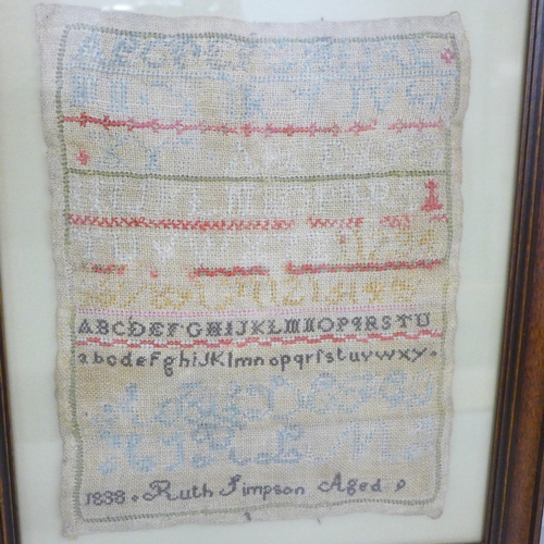 789 - An early 19th century framed needlework sampler, Ruth Simpson, aged 9, 1838