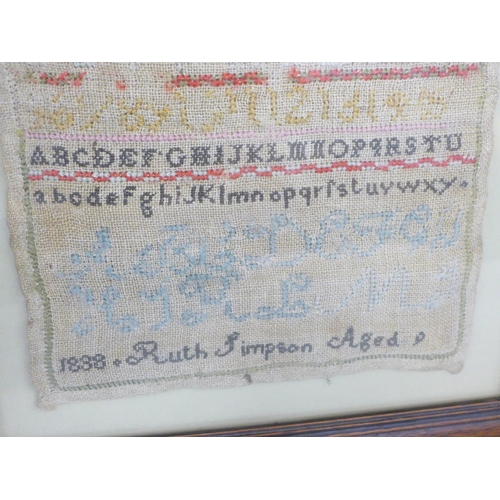 789 - An early 19th century framed needlework sampler, Ruth Simpson, aged 9, 1838