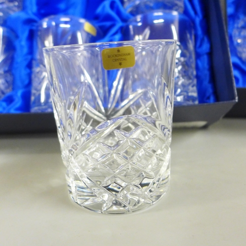 795 - A cased set of six Rockingham crystal whisky glasses and a pair of brandy glasses