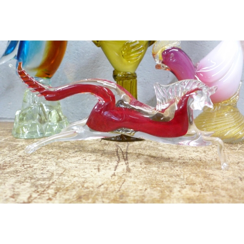 796 - Three large Murano glass models of birds and a glass model of a horse