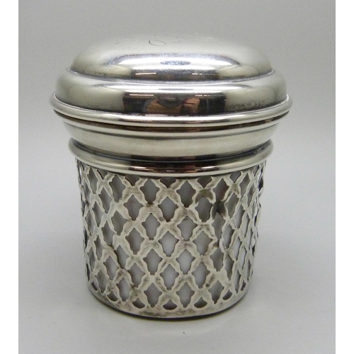 840 - A ‘Maclaren's Imperial Cheese’ sterling silver holder with lid and liner, 53g, liner chipped, height... 