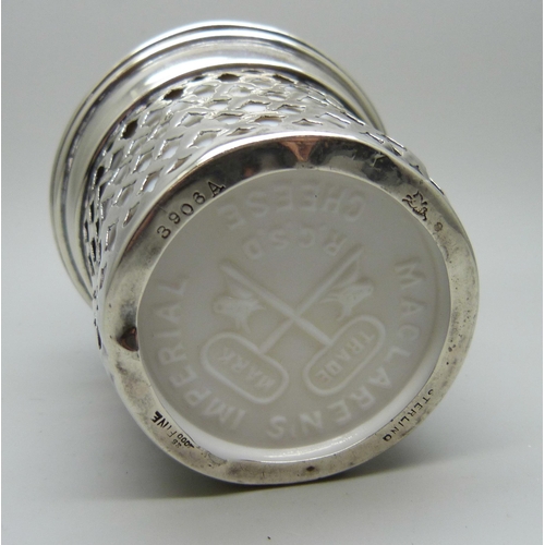 840 - A ‘Maclaren's Imperial Cheese’ sterling silver holder with lid and liner, 53g, liner chipped, height... 