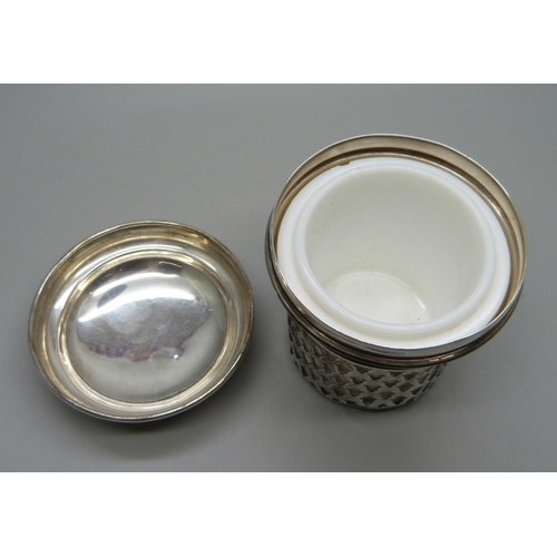 840 - A ‘Maclaren's Imperial Cheese’ sterling silver holder with lid and liner, 53g, liner chipped, height... 