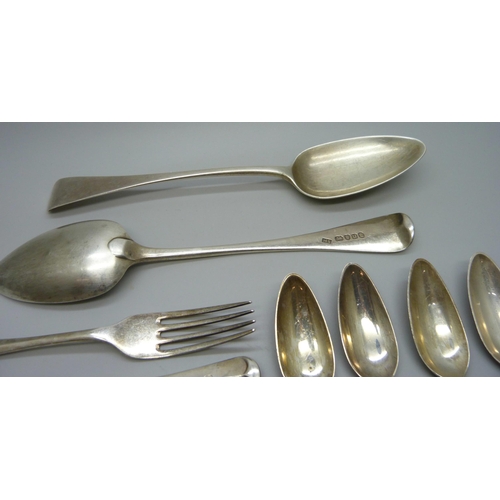 842 - A pair of 18th century silver spoons, London 1795, a set of five silver spoons and a set of five sil... 