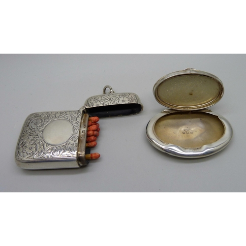 858 - A silver vesta case and a silver compact, 54g, compact a/f