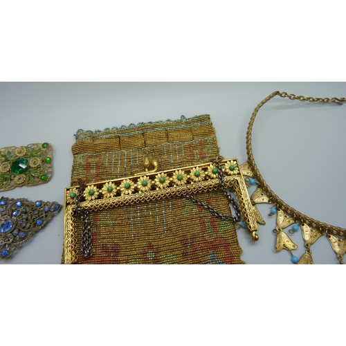 860 - A collection of vintage bead and foil bead jewellery, a purse a/f, etc.