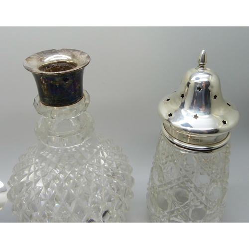 862 - Silver items; sauce boat, cruet set, silver mounted scent, shaker and salts jar, 241g of weighable s... 