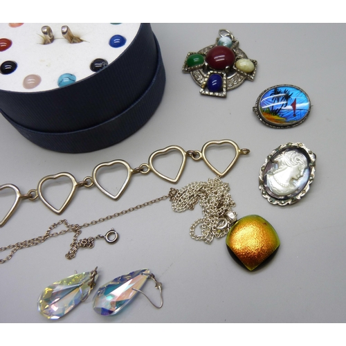 884 - Three silver brooches, costume jewellery, etc.