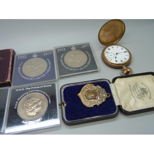 897 - A collection of commemorative crowns, a gold plated medal and a gold plated pocket watch