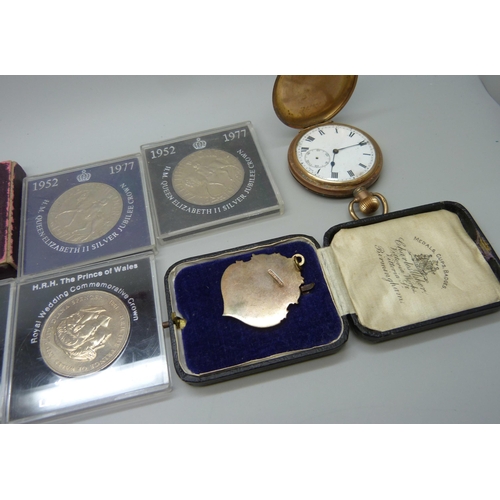 897 - A collection of commemorative crowns, a gold plated medal and a gold plated pocket watch