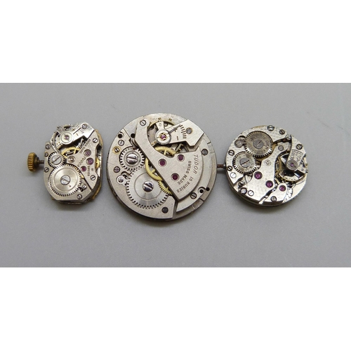 939 - A lady's and a gentleman's Tudor wristwatch movement and a lady's Unicorn wristwatch movement