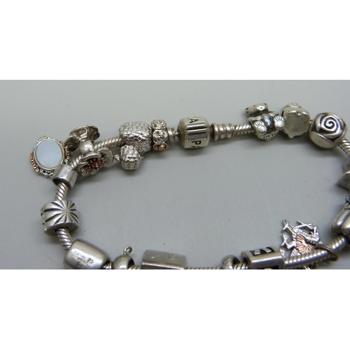 961 - A silver Pandora bracelet with eight Clogau charms, four Pandora charms and others