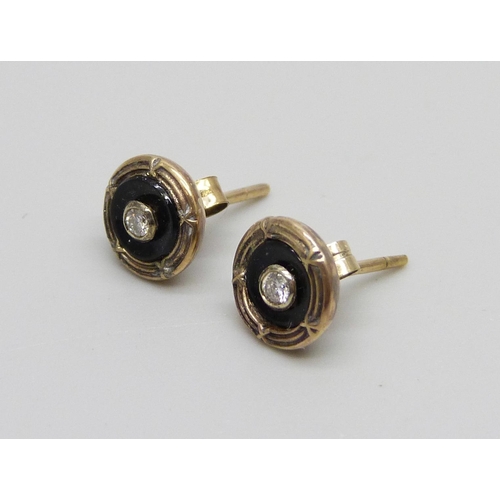 965 - A pair of 9ct gold, diamond and enamel ear studs, 1.1g