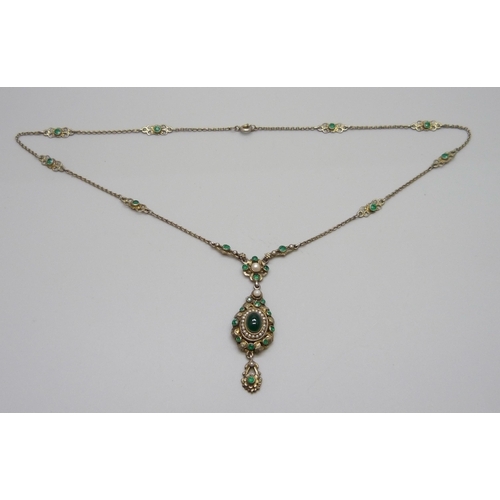 985 - A white metal, green stone and seed pearl necklace, continental mark on jump ring, 48cm