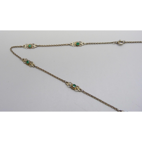 985 - A white metal, green stone and seed pearl necklace, continental mark on jump ring, 48cm