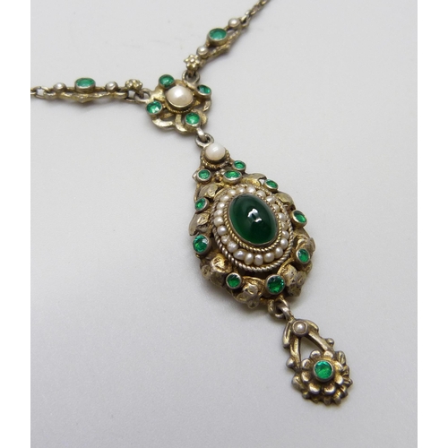 985 - A white metal, green stone and seed pearl necklace, continental mark on jump ring, 48cm