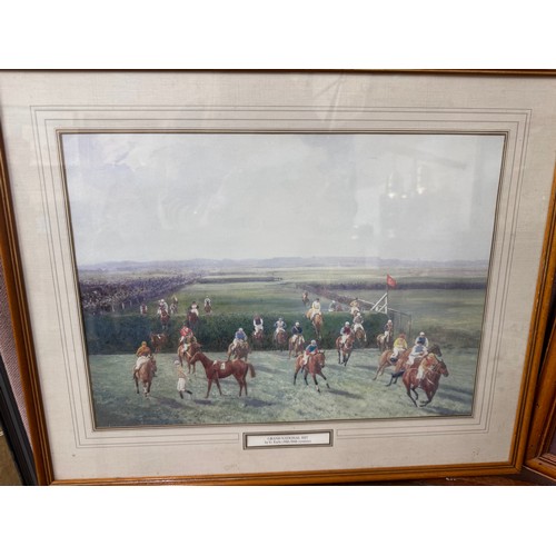 277 - Two horse racing prints and a hunting scene print, framed