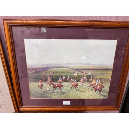 277 - Two horse racing prints and a hunting scene print, framed