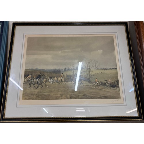 277 - Two horse racing prints and a hunting scene print, framed