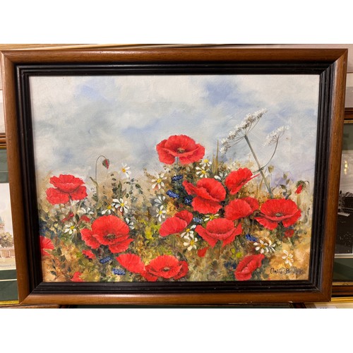 285 - Assorted paintings and prints, including a painting of a poppy field, a Cornish painting signed Fiel... 