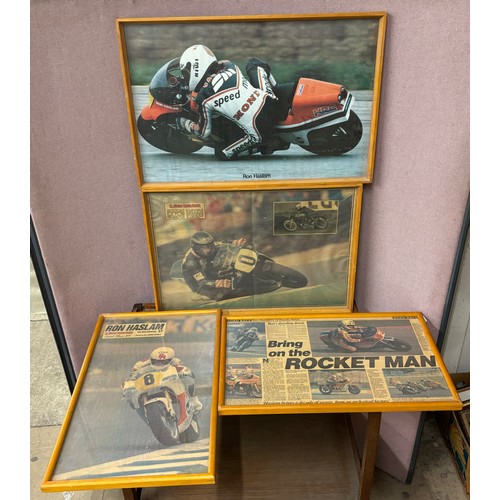 290B - Four motorcycling related prints, framed