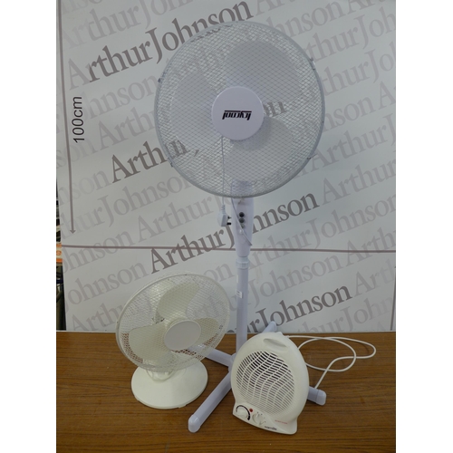 2303 - 3 Fans - a Lcycool pedestal fan, a desk fan and a warmlite WL44002 fan heater