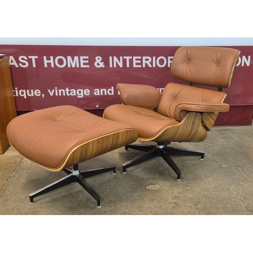 2 - A Charles & Ray Eames style simulated rosewood and tan leather upholstered revolving lounge chair an... 