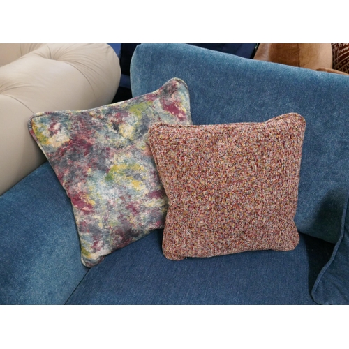 1327 - A kingfisher blue textured velvet three seater sofa and a contrasting blue velvet two seater sofa