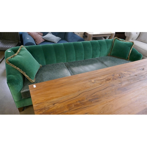 1323 - An emerald velvet and leather shallow four seater dining bench - brand new