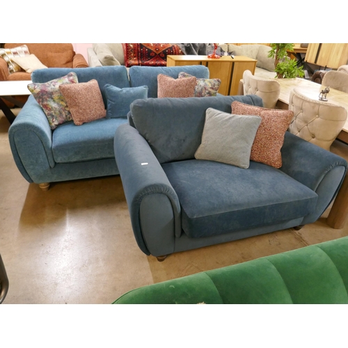 1327 - A kingfisher blue textured velvet three seater sofa and a contrasting blue velvet two seater sofa