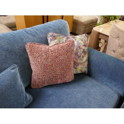 1327 - A kingfisher blue textured velvet three seater sofa and a contrasting blue velvet two seater sofa