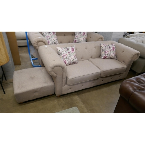 1350 - An oatmeal weave Chesterfield three seater sofa and footstool RRP £1379