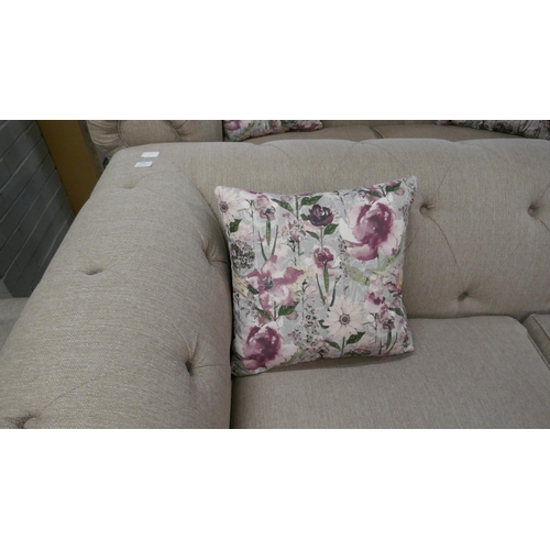 1350 - An oatmeal weave Chesterfield three seater sofa and footstool RRP £1379