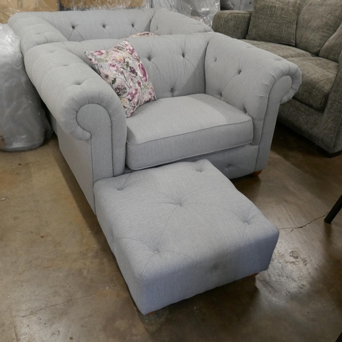 1384 - A grey weave Chesterfield  love seat and footstool RRP £1079